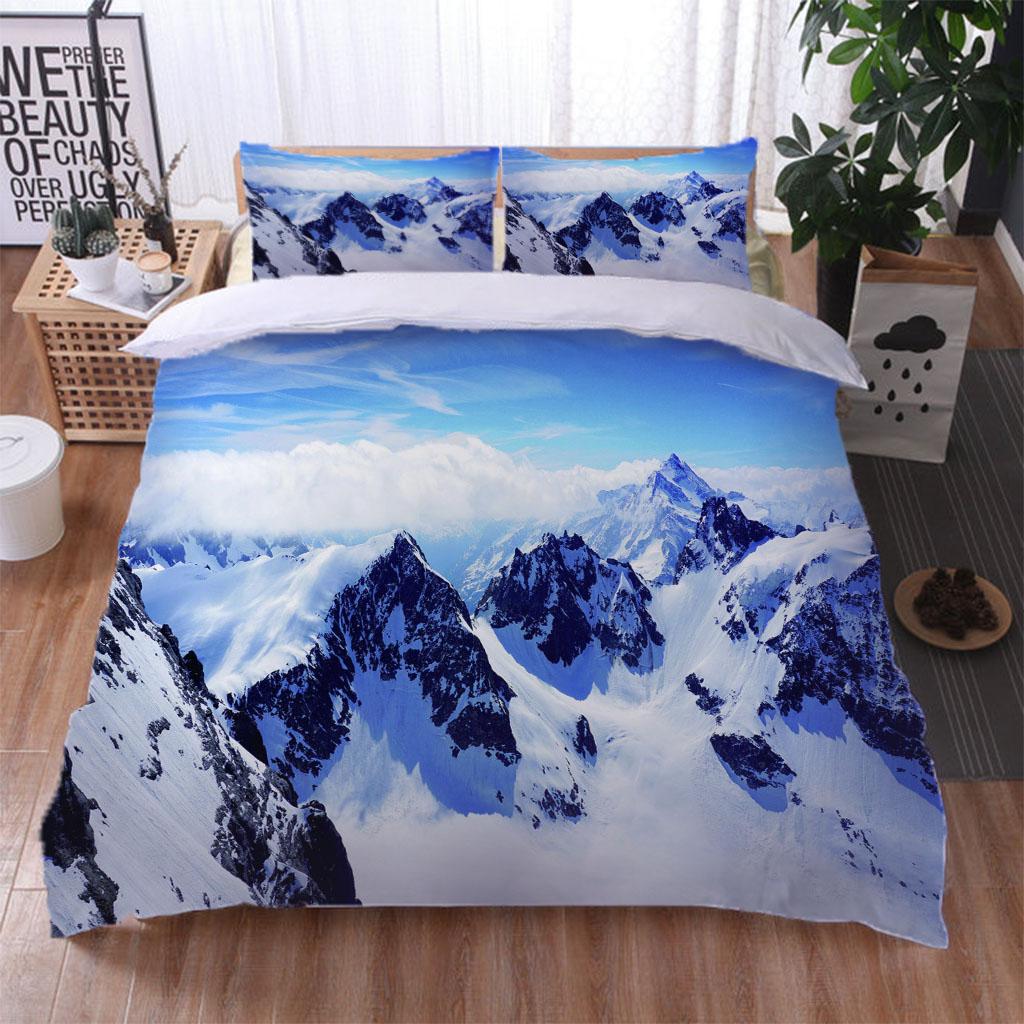 King Size Bedding Set 3D White Snowy Mountain Landscape Duvet Cover Comforter Bedclothes Children Kid Boy Bed Birthday Gift
