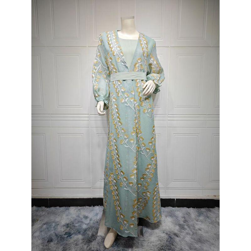

New Arrival Middle East Embroider Cardigan Dress Two-Piece Suit Embroidered Dress Two-Piece Set Light green L