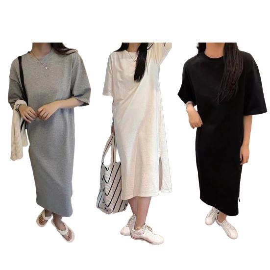 Women's Short Sleeve Midi Dress Summer Casual Round Neck Shirt Dress Loose Beach Shift