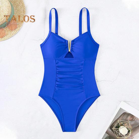 Einteiliger Badeanzug für Damen, Sommer, tiefer V-Ausschnitt, plissiert, einfarbig, Monokini, schnell trocknende Badebekleidung, Strandmode