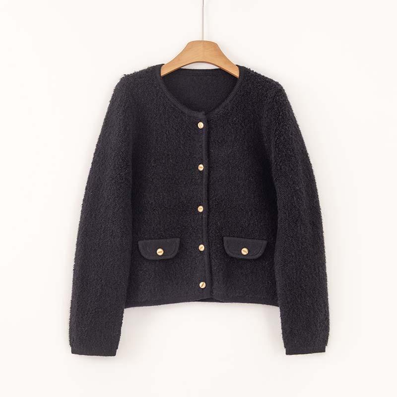 

Кардиган из чистой шерсти с круглым вырезом и узором «косы», женское пальто на раннюю осень, новый свободный универсальный свитер, вязаный свитер L чёрный