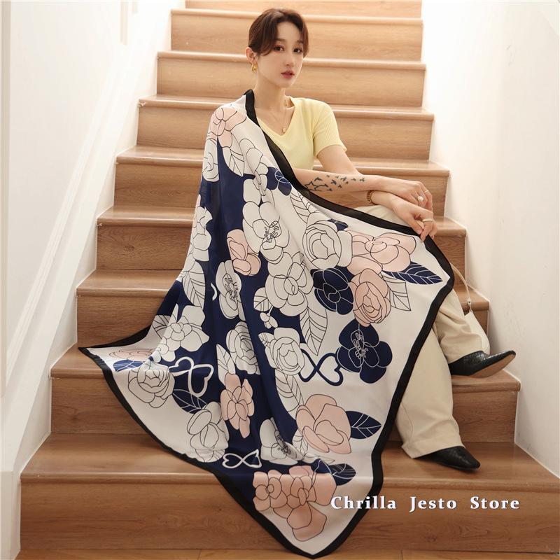 Big Size 110cm Square Floral Printed Women Fashion Imitated Silk Scarf Foulard 45inch Muslim Hijab