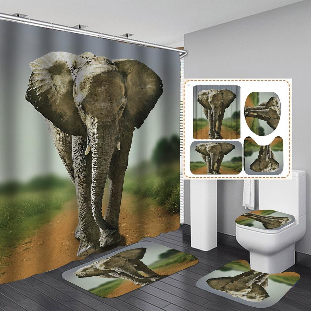 Polyester Elephant 3D Digital Printing Bathroom Personalized Partition Shower Curtain Four-Piece Set