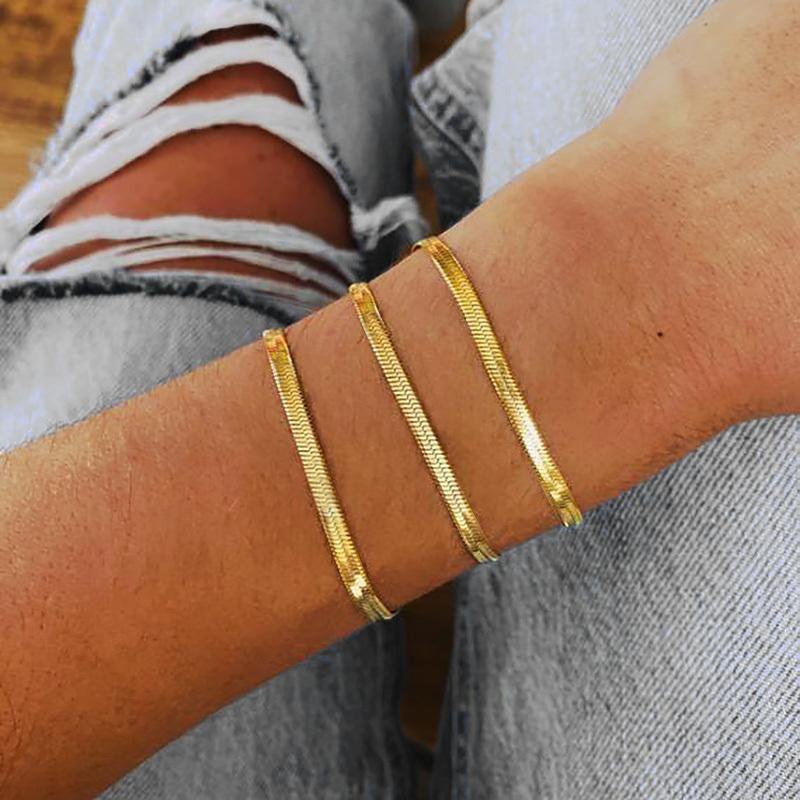 Gold Color Flat Snake Chain Bracelets for Women, Stainless Steel Herringbone Figaro Rope Italian Chain, Length Adjustable
