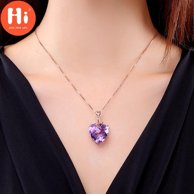 Hi Elegant Love Herz Wassertropfenförmiger Anhänger Amethyst Halskette für Frauen Mädchen Edelstein Box Kette Chocker Braut Hochzeiten Schmuck Weihnachtsgeschenke
