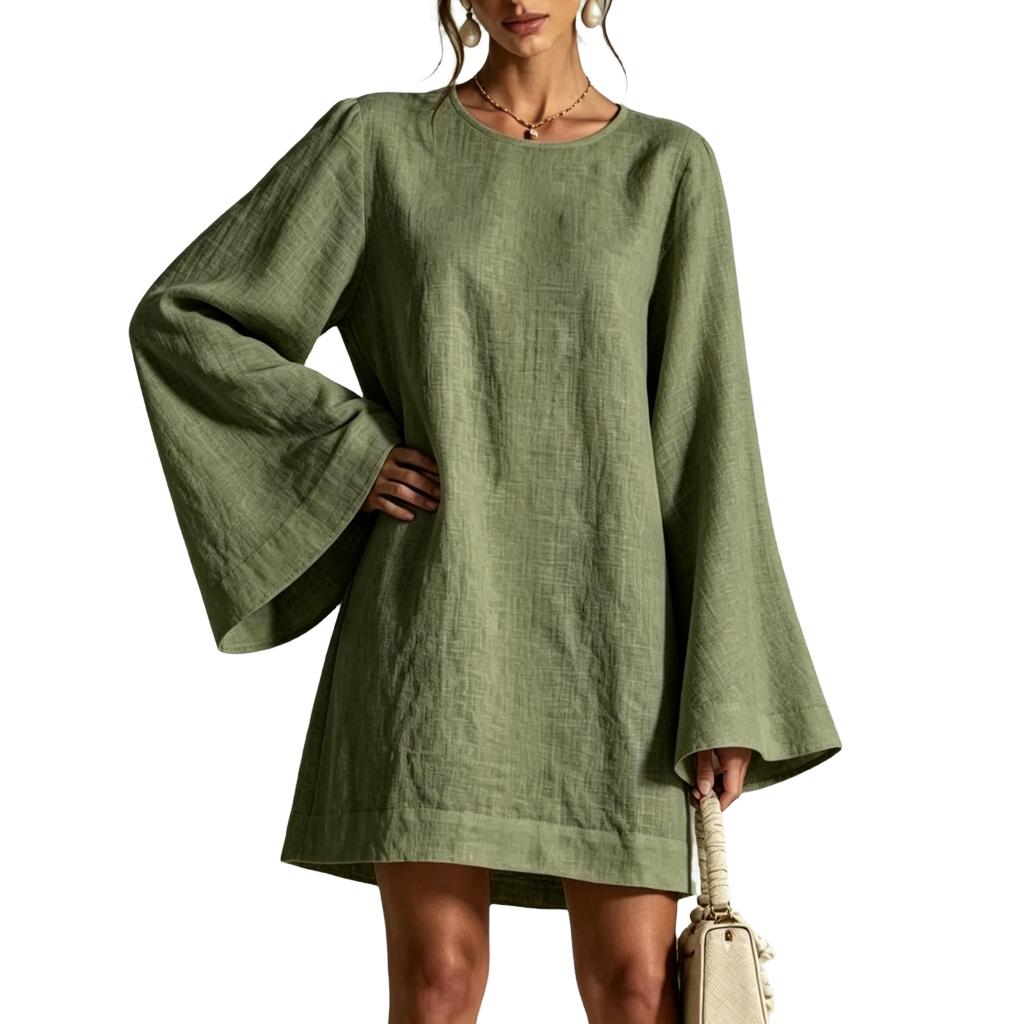 Women's Long Sleeve Neck Casual Color Dress for Everyday Wear