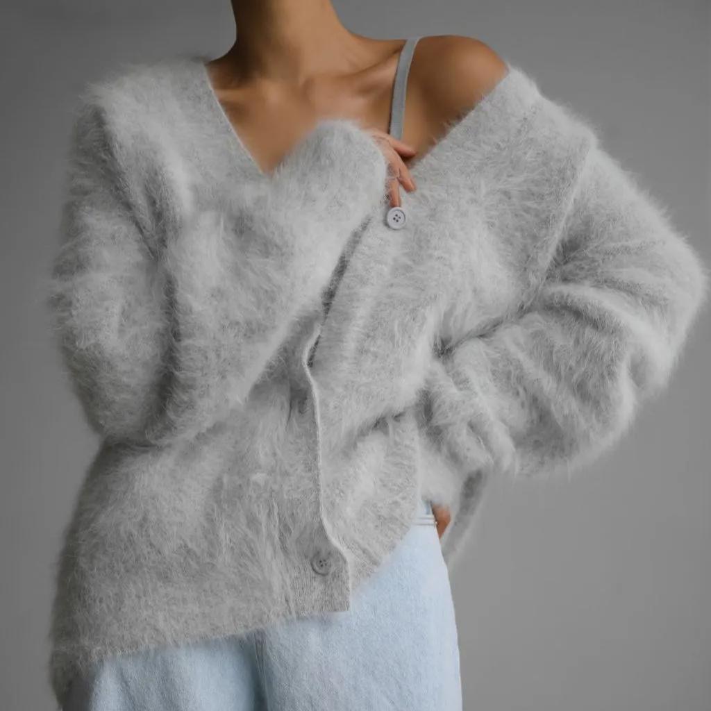 

Элегантный свитер с длинным рукавом для женщин, новый однобортный женский повседневный кардиган, мягкая гибкая трикотажная верхняя одежда S светло-серый