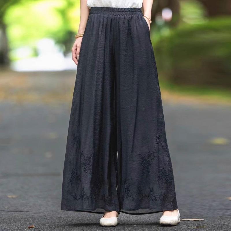 Women's Embroidered Wide Leg Pants Summer Thin Double Layer Loose Casual Trousers Vintage Ethnic Floral Pants