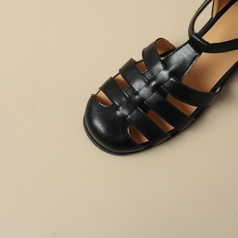 Fashion Women's New Spring/Summer Round Head Leather Comfortable Low Heel Baotou Customized Large Heel Roman Sandals 46 47 48