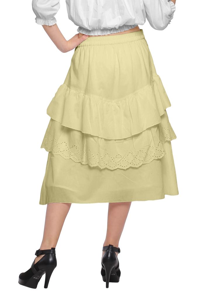 Moomaya Solid Cotton Skirts For Women Knee Length With Lace Belt Ruffle
