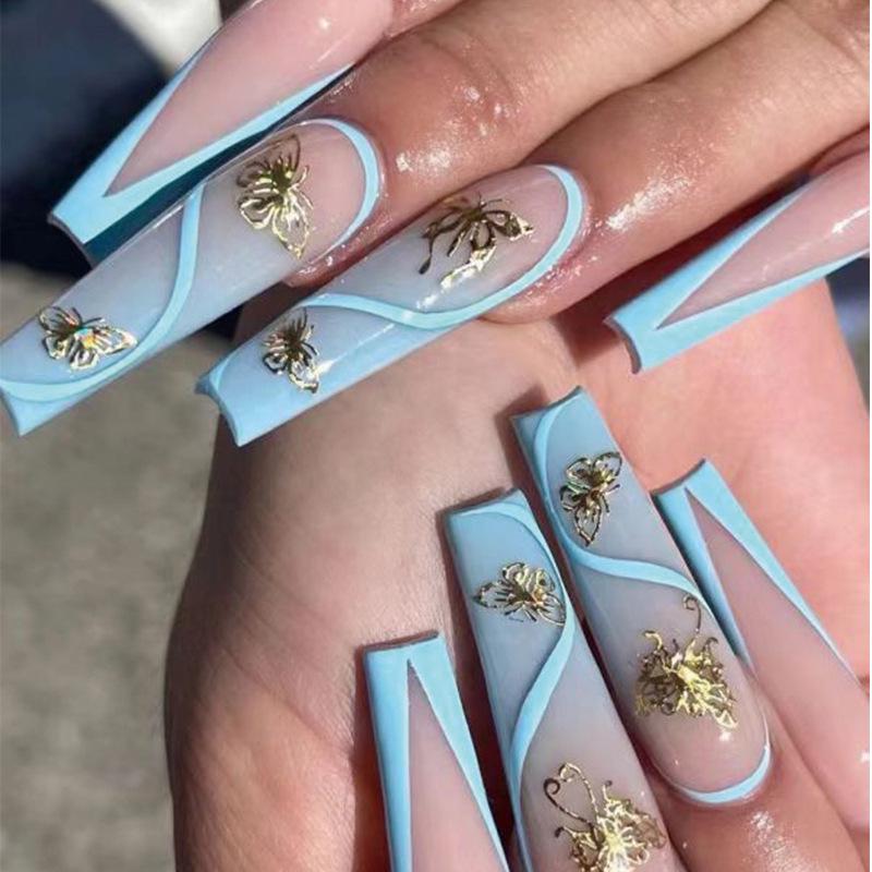 

Removable Butterfly Nail Tips with Blue and Gold Lines