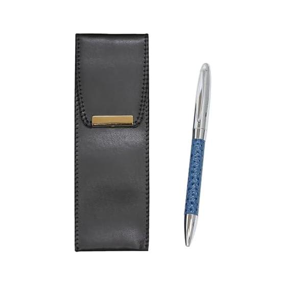 Eco-Leather Pen Case, Genuine Leather Wrapped Rotating Ballpoint Pen Director Set, Blue, 3-Pack