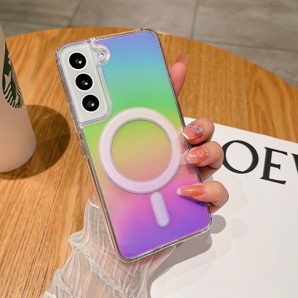 Wireless Charge Case for Samsung Galaxy S23 S22 Ultra Plus Cover Laser Gradient Rainbow Magnetic Cover MagSafe Soft Clear Fundas