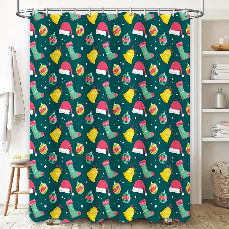 Colorful Christmas Pattern Shower Curtain Waterproof Bathroom Decor Hanging Decoration