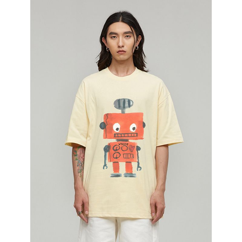 Wassup Robot Retro Simple Short-Sleeved T-Shirt for Men and Women Loose Casual Summer Heavy Cotton Round Neck Top