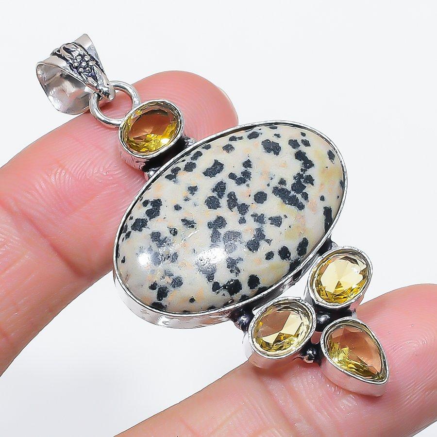 Natural Dalmation Jasper, Citrine 925 Sterling Silver Jewelry Pendant 2.36" A8U73
