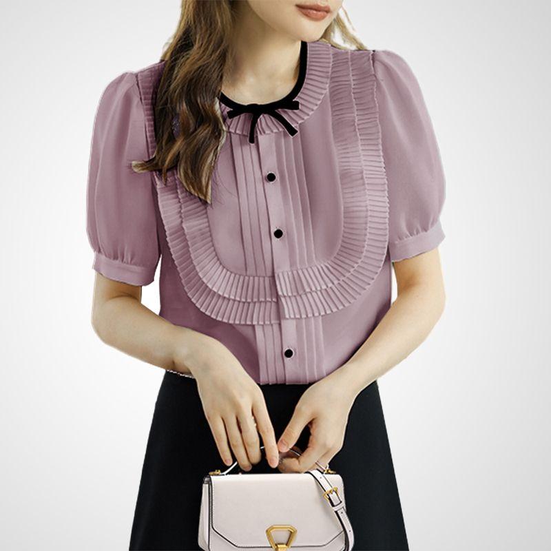 

Slimming Youthful-Looking French Style Shirt Fashionable Short Sleeve Summer Wear Purple S