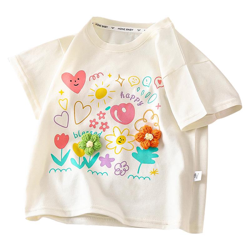 Girls' Summer Floral Cotton T-Shirt with Round Neck and Short Sleeves