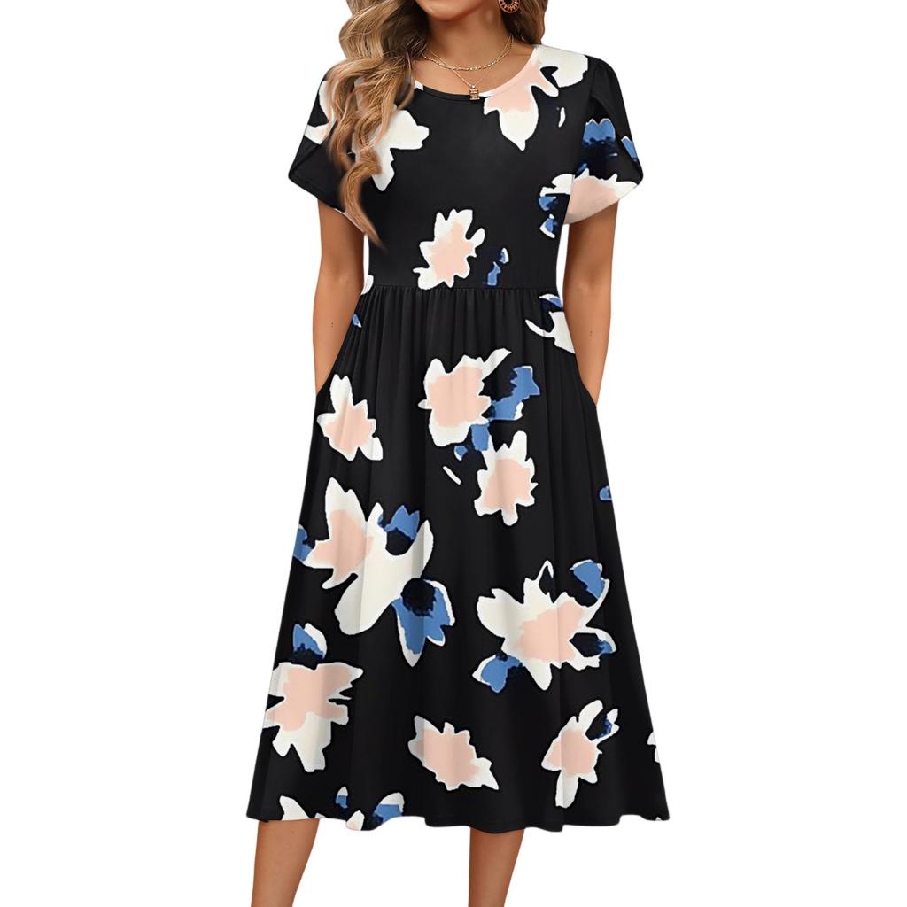 Damenmode Sommer Rundhals Kurzarm Blumendruck Strandkleider