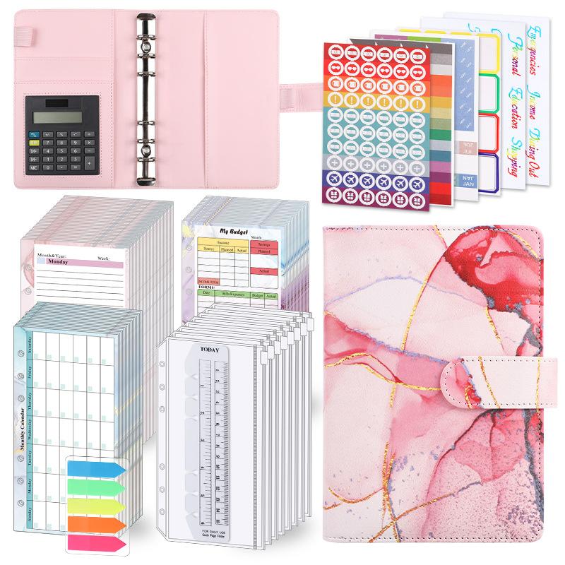 A6 Purple Marble with Calculator Money Budget Planner Binder Zipper EnvelopesCash Envelopes For Budgeting Money Organizer Binde
