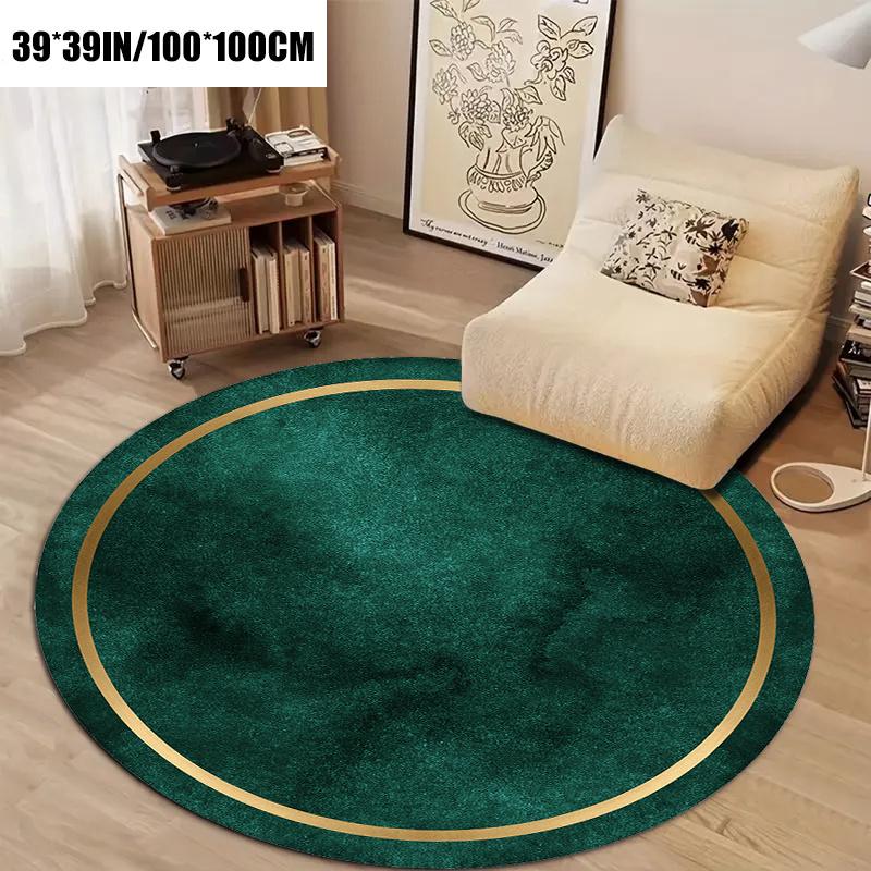 Green and Golden Circular Rug - 2D Flat Non-Slip Floor Mat for Easter - Washable Indoor Outdoor Holiday Decor Area Carpet Rug