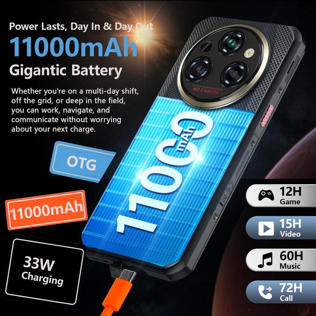 OUKITEL WP35 Rugged Smartphone 5G Android 15, 11000mAh/33W, 24GB+256GB/2TB, 2.4K 6.6" FHD+ Display, 108MP+8MP Night Vision, 5G Dual SIM/NFC/GPS/OTG