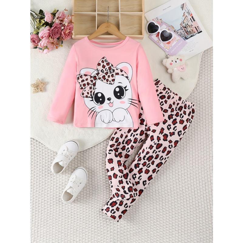 

Комплект с длинным рукавом и длинными брюками для девочек | Милая футболка с дизайном кошки и брюки с леопардовым принтом | Мягкий и удобный комплект, подходящий для ношения на улице 7-8Y