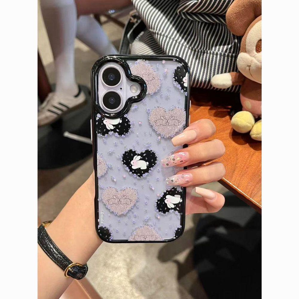 

Purple Floral Rabbit Acrylic Phone Case for iPhone 13/14/15Pro/16/17ProMax - Black Frame, Korean Style iPhone 16 Plus