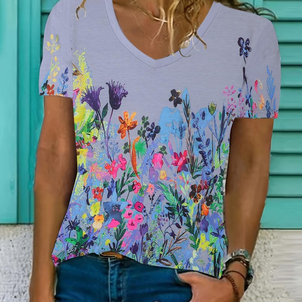 Women's Floral Print V-neck T-shirt Fashion Casual Short-sleeved Shirt Street Summer Clothing