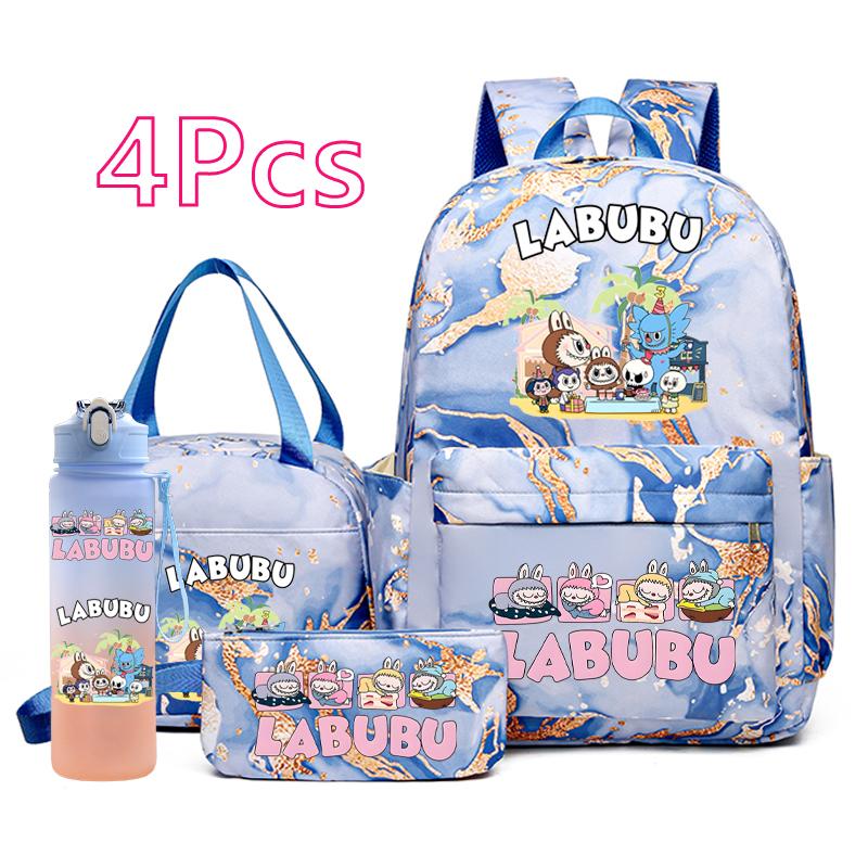 4Pcs/set Cute Anime Pirnted Backpack 750Ml Water Bottle Lunch Bag Pencil Bag Outdoor Student Girl Large Capacity Schoolbag Water Cup