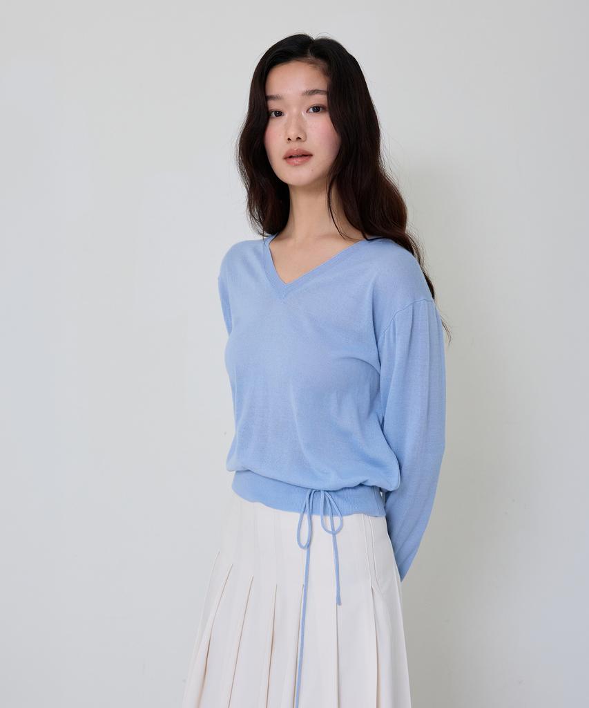 THEELO Strap Detail V-Neck Knit Top (Light Blue)