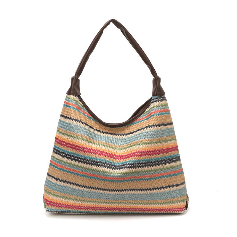 Striped Straw Woven Tote: Women's Large Capacity Shoulder Bag for Beach Vacation 2025 Fashion.
