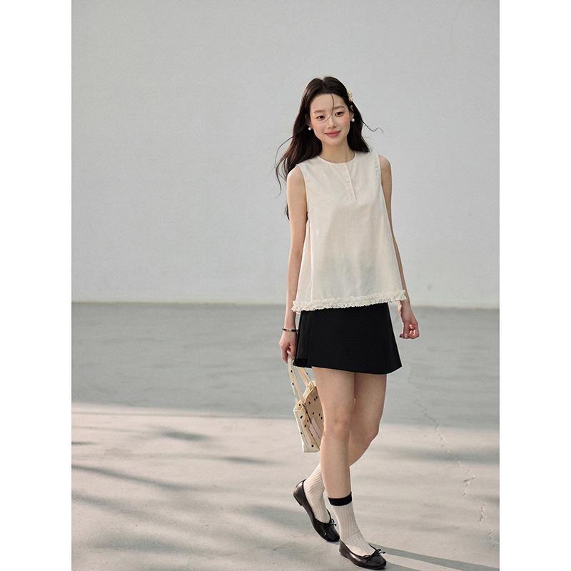 French Pleated Lace Vest Summer New Round Neck Button-down Sleeveless Top