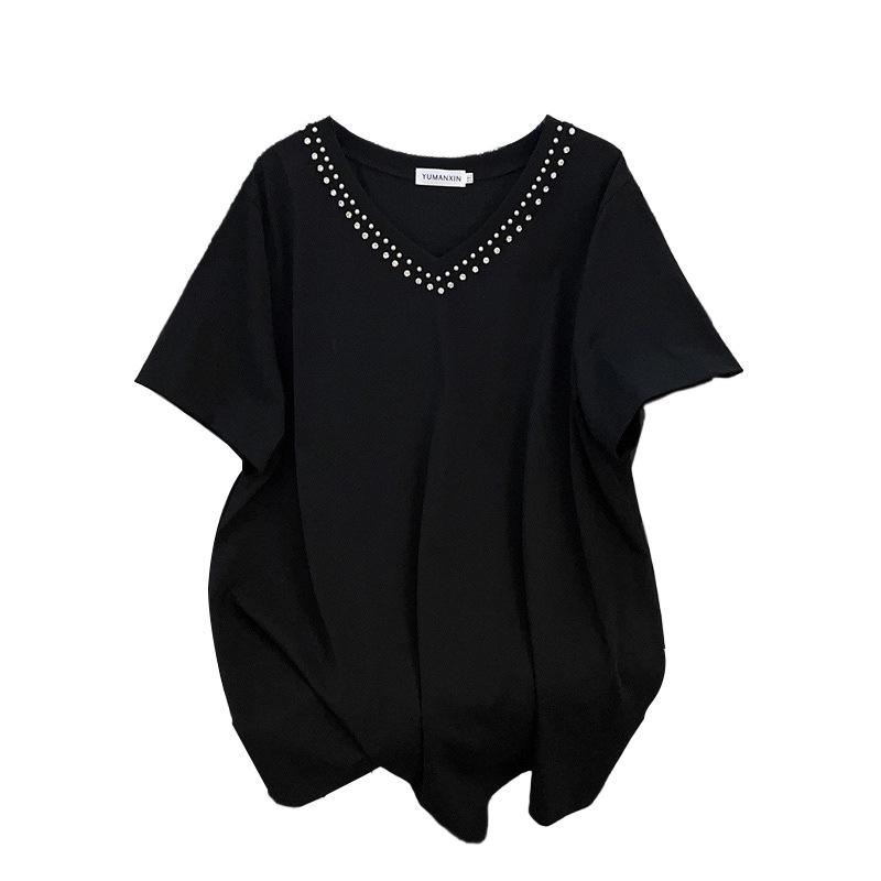 Plus Size V-Neck Mid-Length Loose Short-Sleeve T-Shirt for Women