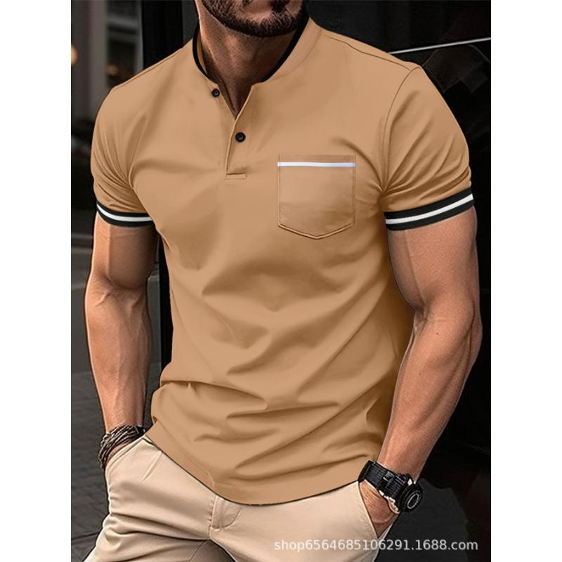 Frühlings Herren Kurzarm Tops Mann Einfarbig Stehkragen Tasche Poloshirts