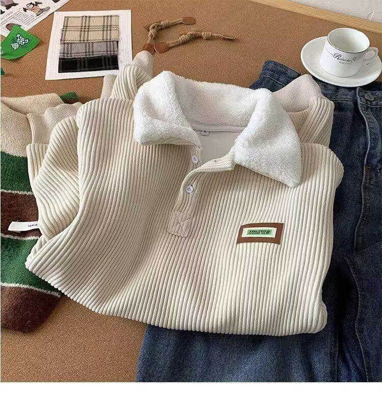 Herren Cord-Polo-Sweatshirt mit Samt-gefütterter Lammwolle für Herbst/Winter, Hong Kong Style, für Teenager