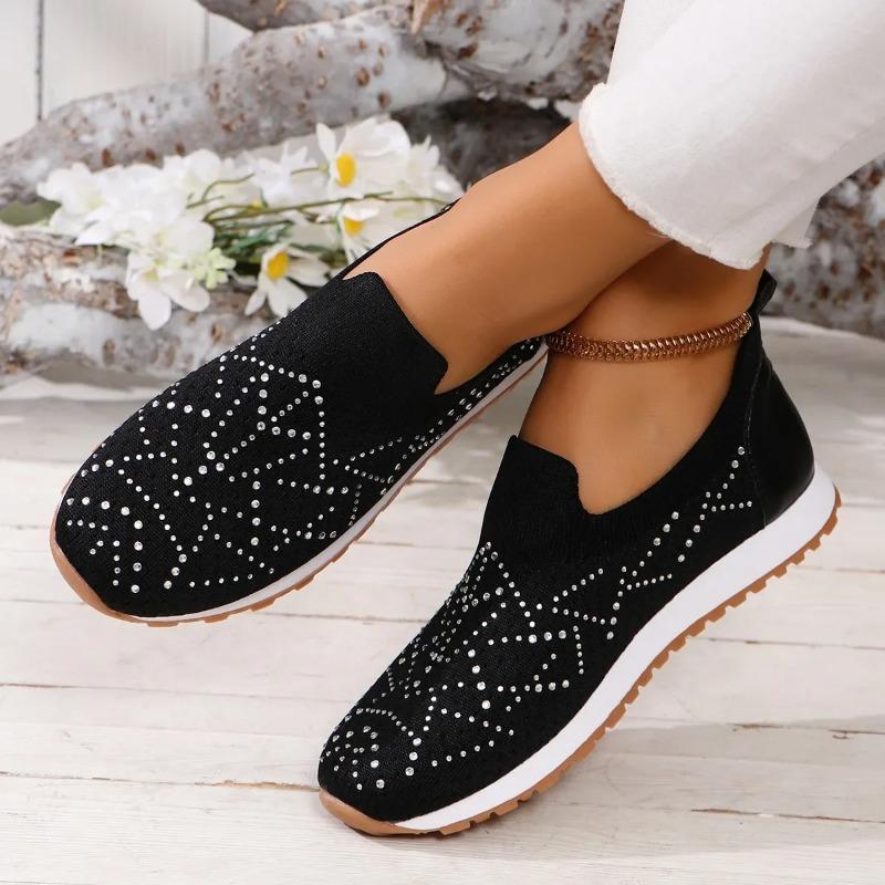 Fashion Luxury Crystal Breathable Mesh Sneaker Shoes for Women Comfortable Soft Bottom Flats Plus Size 43 Non Slip Casual Shoes Woman