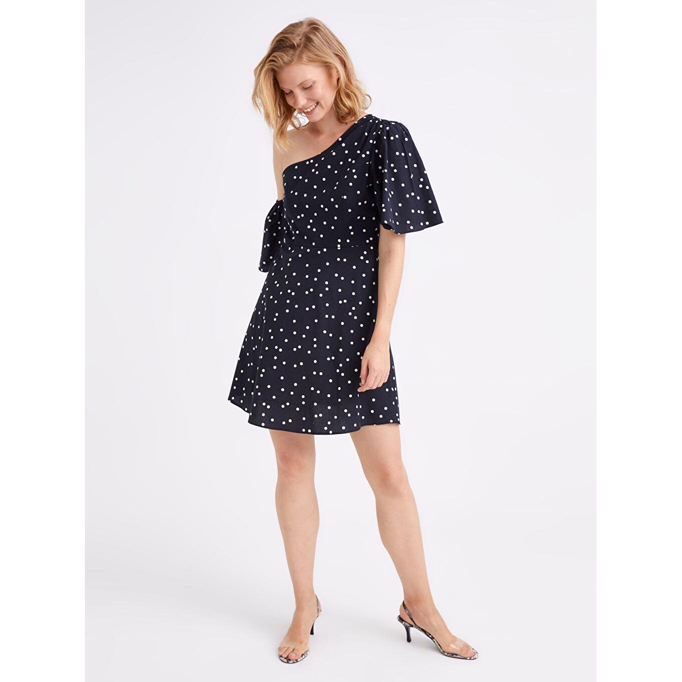 

Платье из поплина в горошек с отделкой на плечах Черный