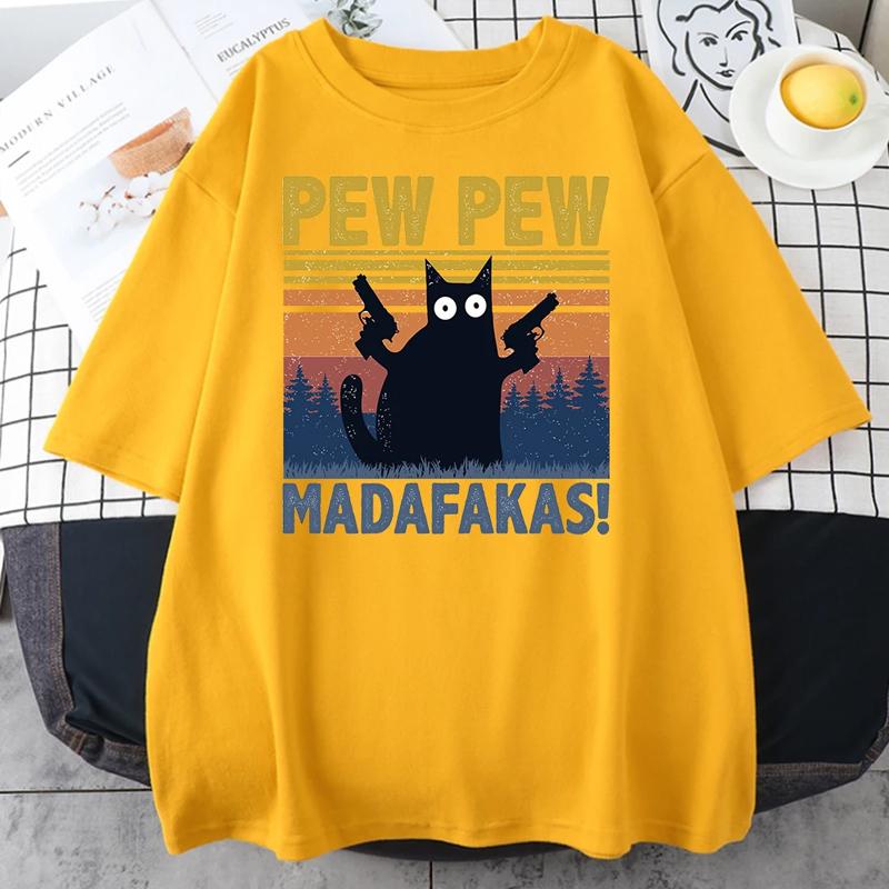 Pew Madafakas Black Cat Print Male Cotton Tee Clothing Personality Vintage T-Shirts Casual Trend Tops Mens Short Sleeve