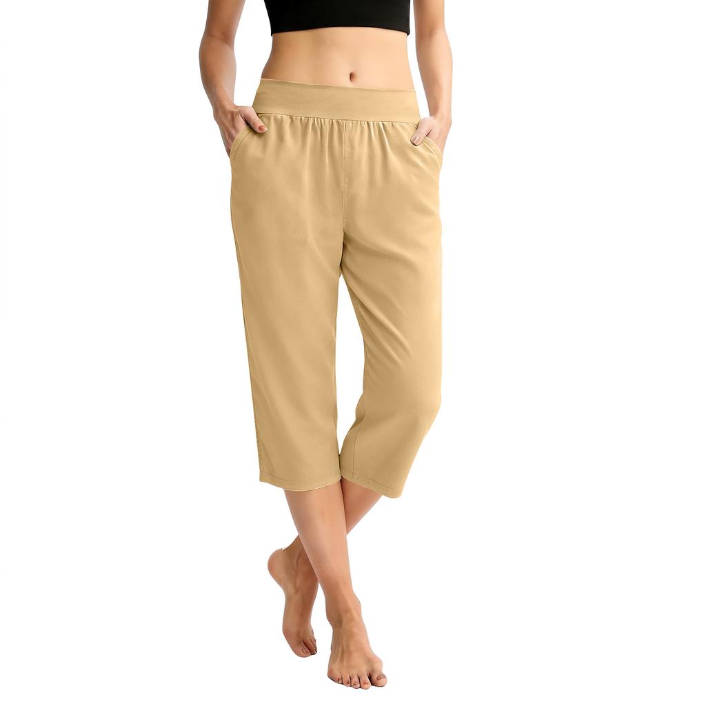 Women Elastic High Waist 3/4 Pant Casual Fit Wide Capris Leg Pants Trousers With Pockets