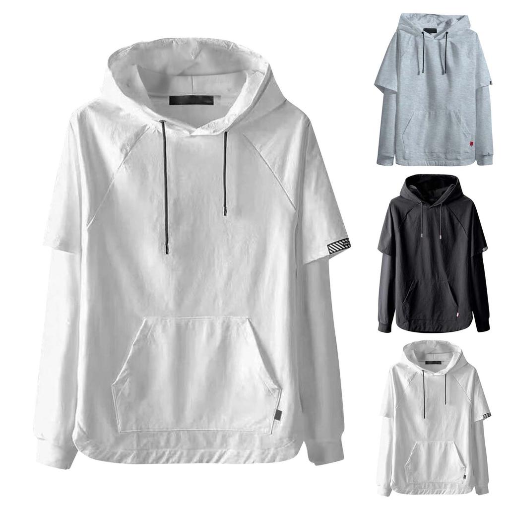 Men's Casual Sports Loose Fake Two Piece Clothing Long Sleeved Hooded Pullover Sweatshirt