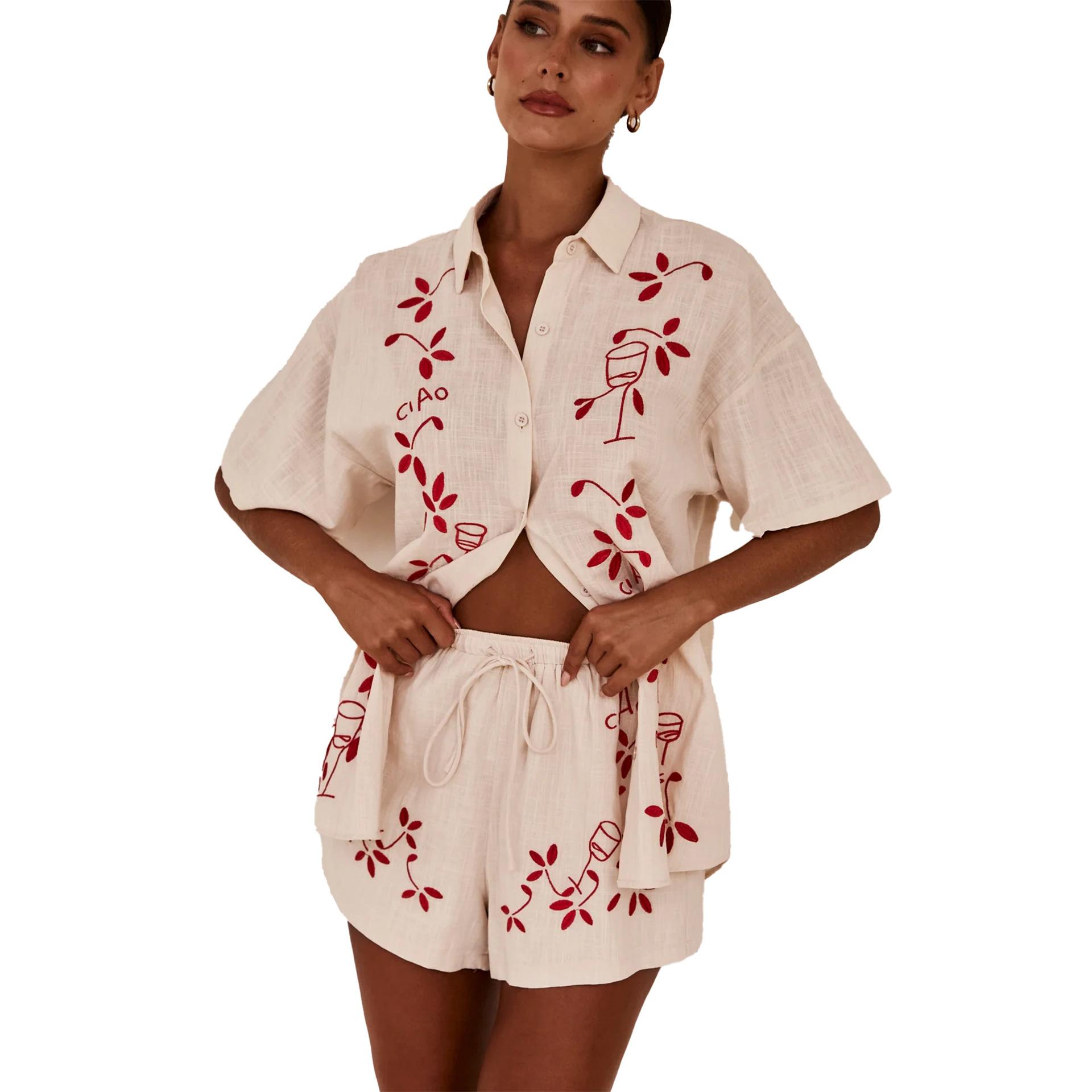 

Женский весенне-летний отложной воротник с коротким рукавом рубашка кардиган костюм повседневный 3D вышивка шорты комплект из двух предметов S-XL XL красный