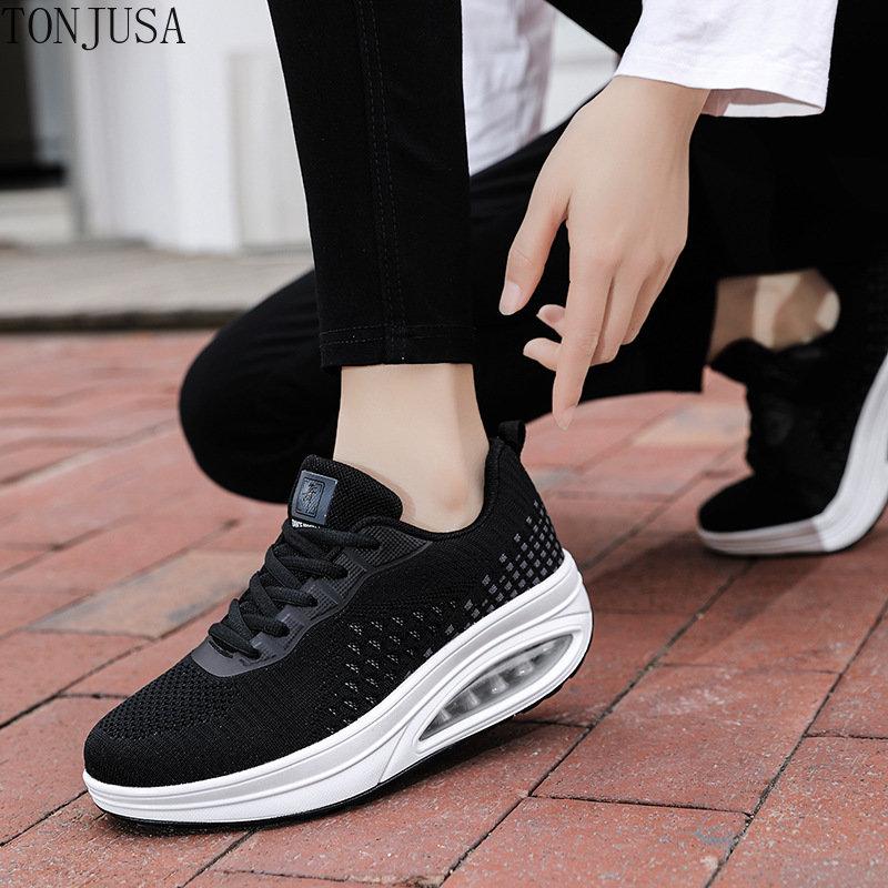 New Women's Thick Sole Heightening Sneakers Colorblock Breathable Student Casual Running Shoes