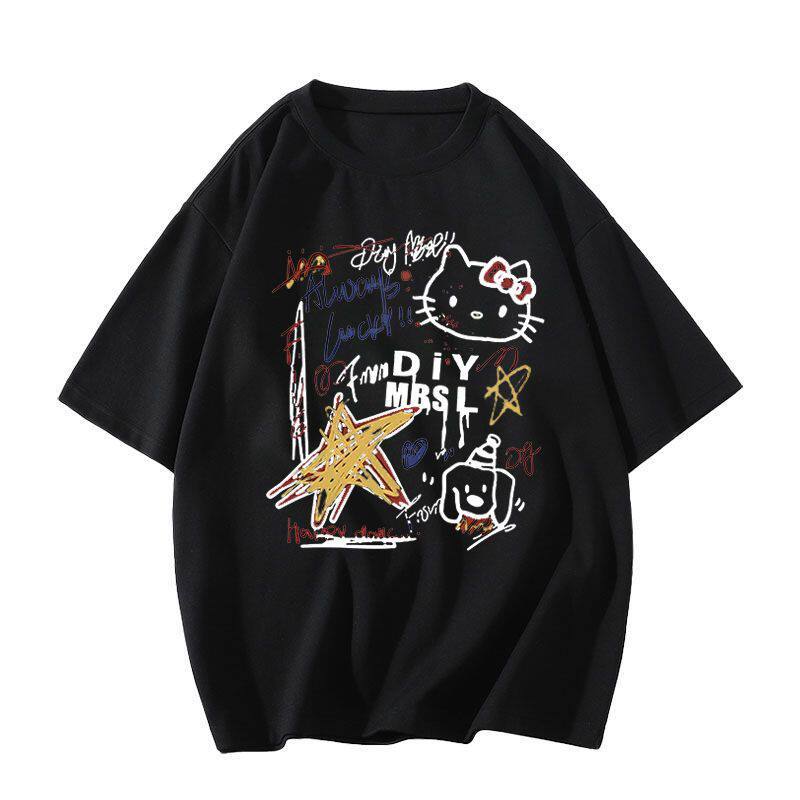 Cotton White Short-sleeved T-shirt Women's New HelloKitty Graffiti American Loose Fat MM Half-sleeved Top