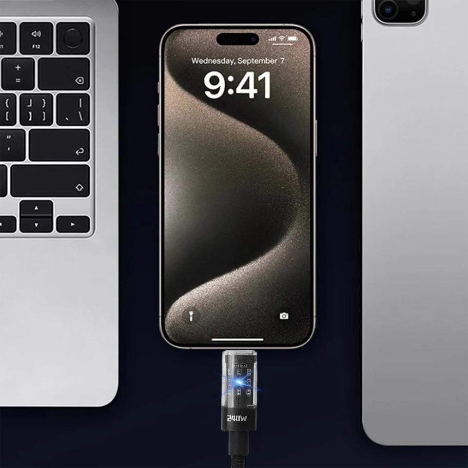 240W Super Fast Charging Cable USB C Interface Nylon Braided Transparent Type C High-speed Charger Wire Fast Charging Data Cord