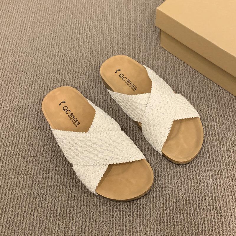 

Повседневные тапочки-кроссовки Boken большого размера 2025 лето новая вязаная обувь женская на толстой подошве для улицы прохладные тапочки 42 бежевый