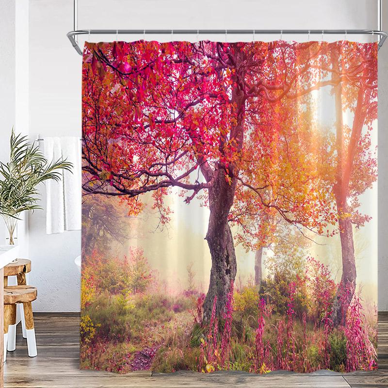 Autumn Landscape Shower Curtains Red Maple Trees Pavilion Arch Bridge Park Nature Scenery Home Bathroom Decor Bath Curtain Set