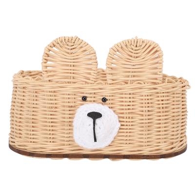 Cute Bear Woven Rattan Tissue Box Holder Decorative Paper Napkin Dispenser for Table Bathroom Home Office