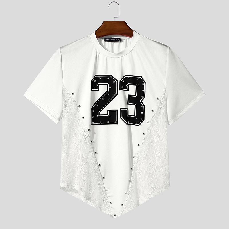 INCERUN Men O Neck Short Sleeve Letter Print Lace Patchwork Irregular Tops T-shirts