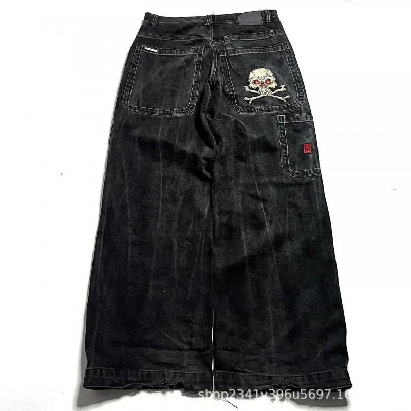 Mens Y2K Hip Hop Wide Leg Straight Fit Denim Jeans - Washed Cotton Loose Streetwear Style